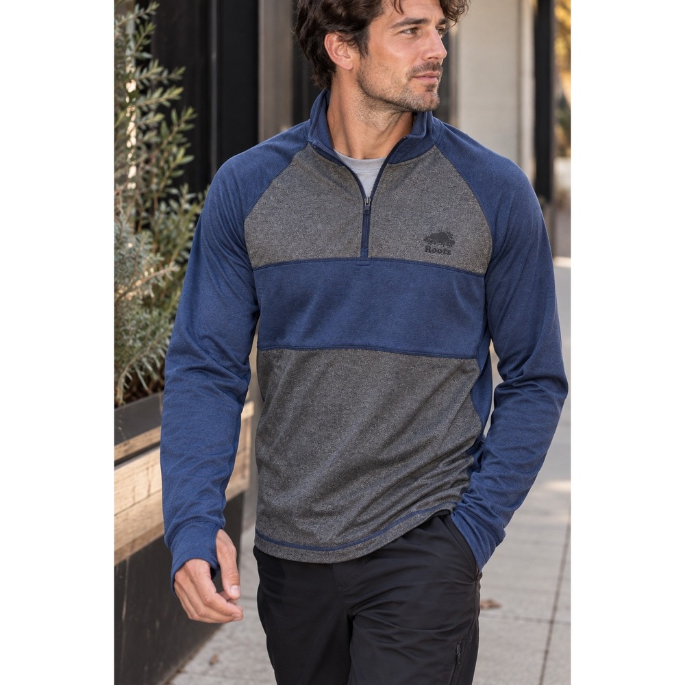 Roots‎ Men Colorblock Quarter Zip Performance Pullover Stretch Blue Gray L